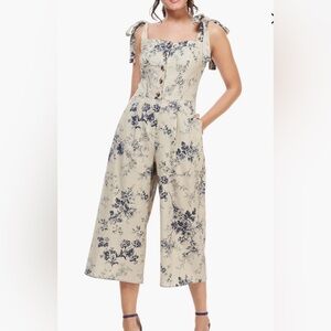 Gal Meets Glam Magnolia Floral Linen Blend Tie Sleeve Jumpsuit Size 4